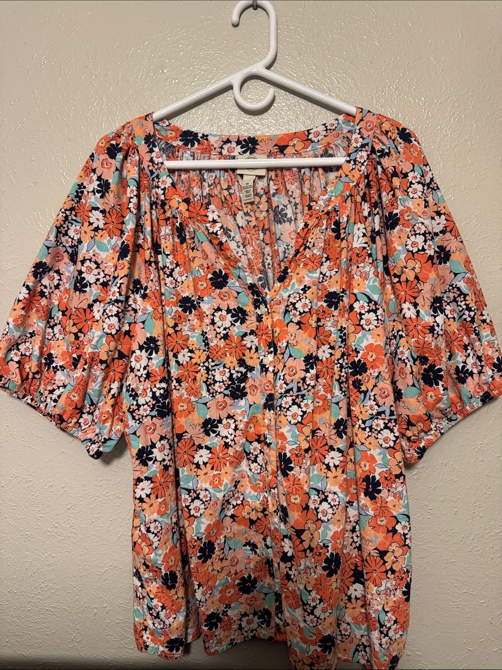 St. John's Bay Pink, Navy & Teal Floral Button-Front Blouse